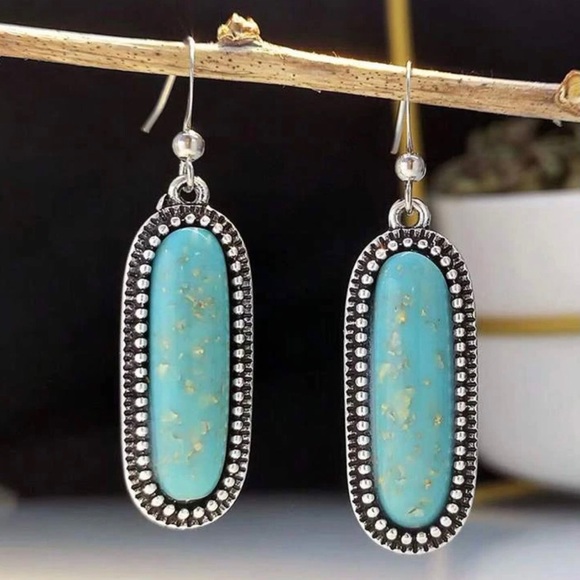 “Turquoise Flecked Ovals” Speckled Gold Flakes Southwestern Dotted Frame Dangles - Picture 2 of 16